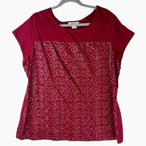 Liz Claiborne Womens 2X Burgundy TopGold Sequin Short Sleeve Blouse Tee Tshirt